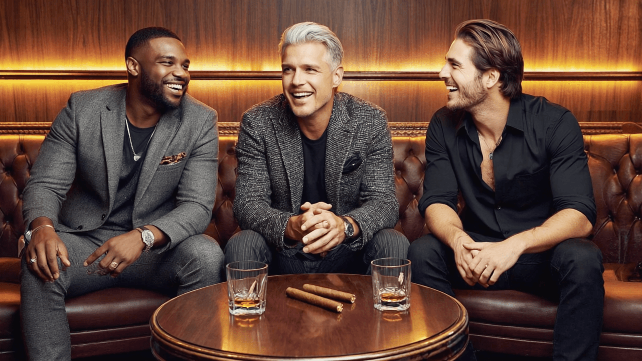 Men laughing together in a cigar lounge